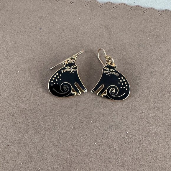 Vintage Laurel Burch Black Enameled KESHIRE CATS Pierced  French Wires Earring - Picture 4 of 7